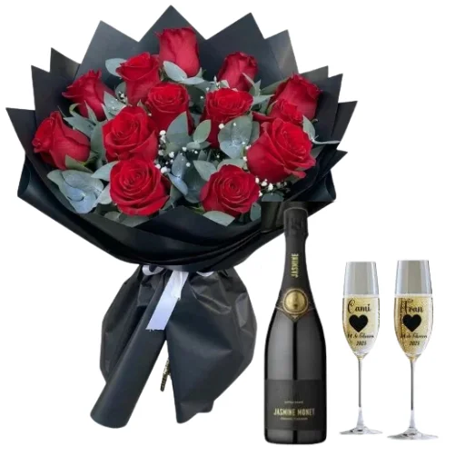 Ramo de 12 rosas rojas con espumante y 2 copas personalizadas